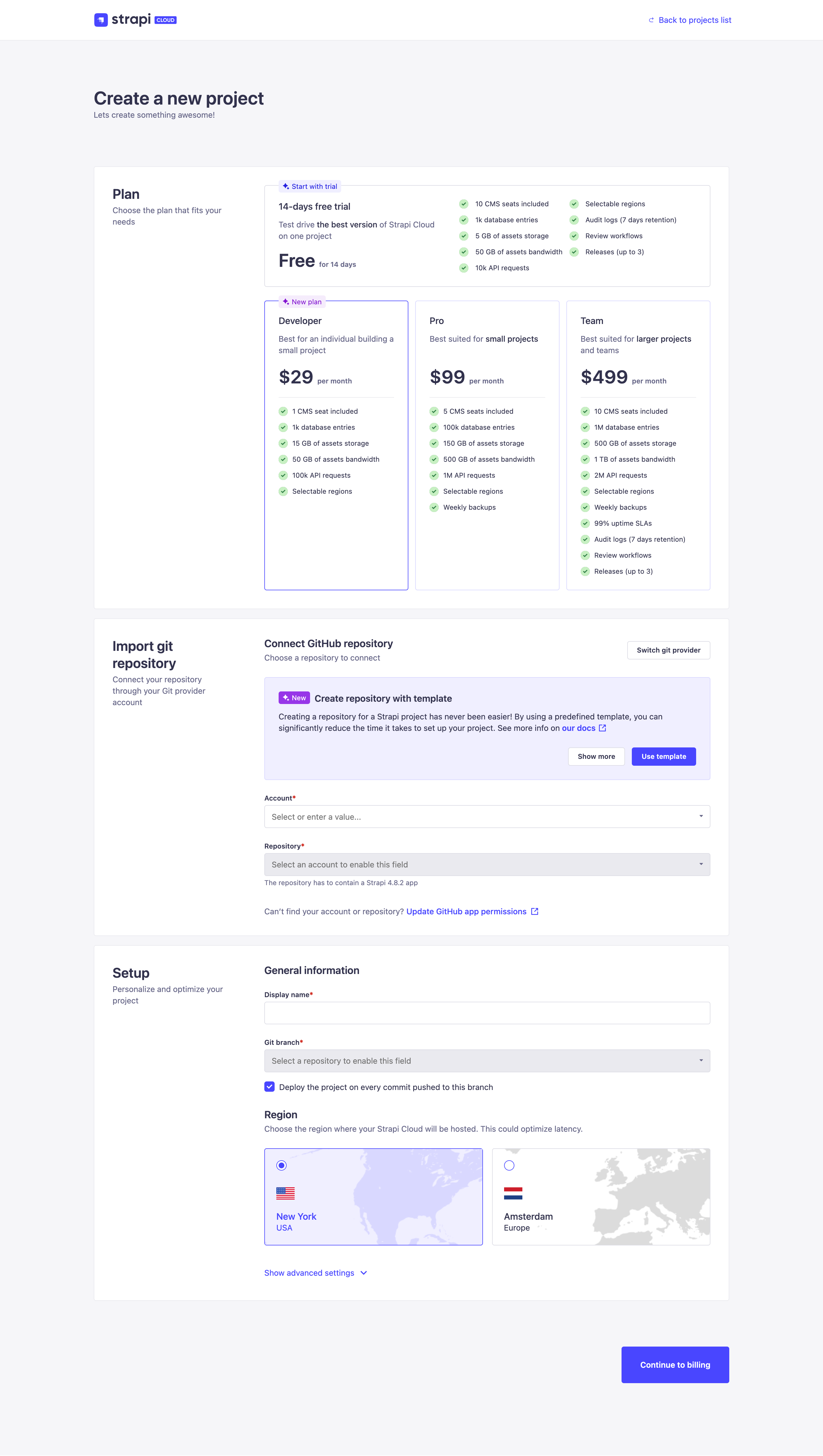 Strapi Cloud project creation, step 1